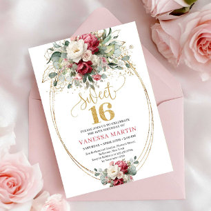 Invitación moderna roja borgoña con flores doradas