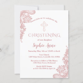 Invitación Moderna Rosa Chica de cruz de encaje dorado Christ