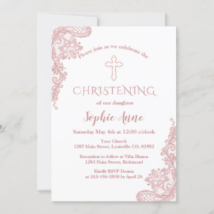 Invitación Moderna Rosa Chica de cruz de encaje dorado Christ