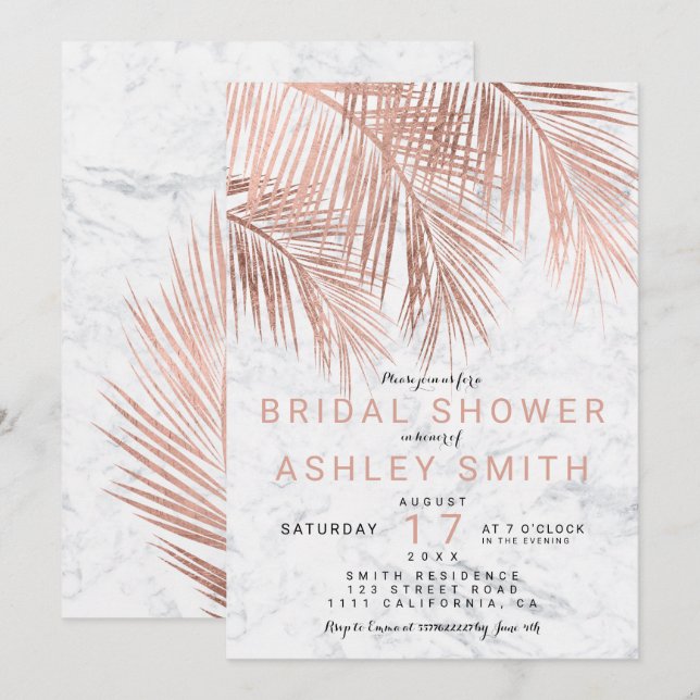 Invitación Moderna rosa de mármol de palmera dorada Ducha de  (Anverso / Reverso)