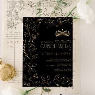 Invitación Moderna Rosa de oro negro Floral Tiara Quinceañera