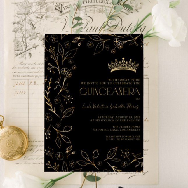 Invitación Moderna Rosa de oro negro Floral Tiara Quinceañera (Subido por el creador)