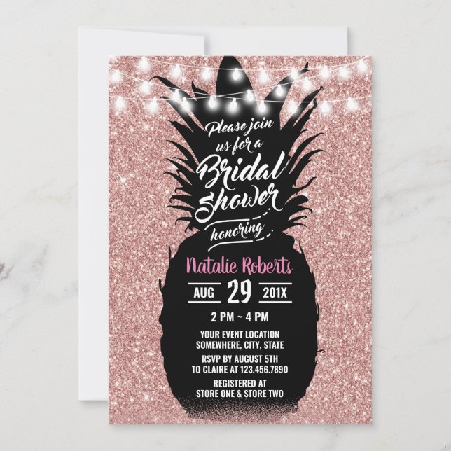 Invitación Moderna Rosa de piña Dorada Luau Bridal Shower (Anverso)