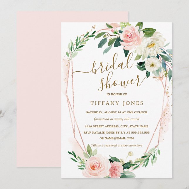 Invitación Moderna Rosa Dorada Floral Wreath Bridal Shower (Anverso / Reverso)