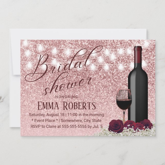 Invitación Moderna Rosa Dorada Vino y Flores Ducha Bridal (Anverso)