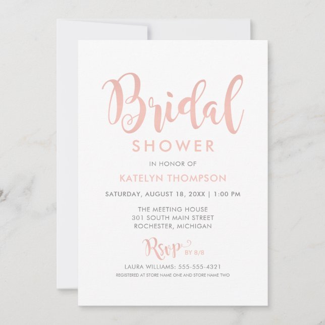 Invitación Moderna Rosa Gold Script Boda Bridal Shower (Anverso)