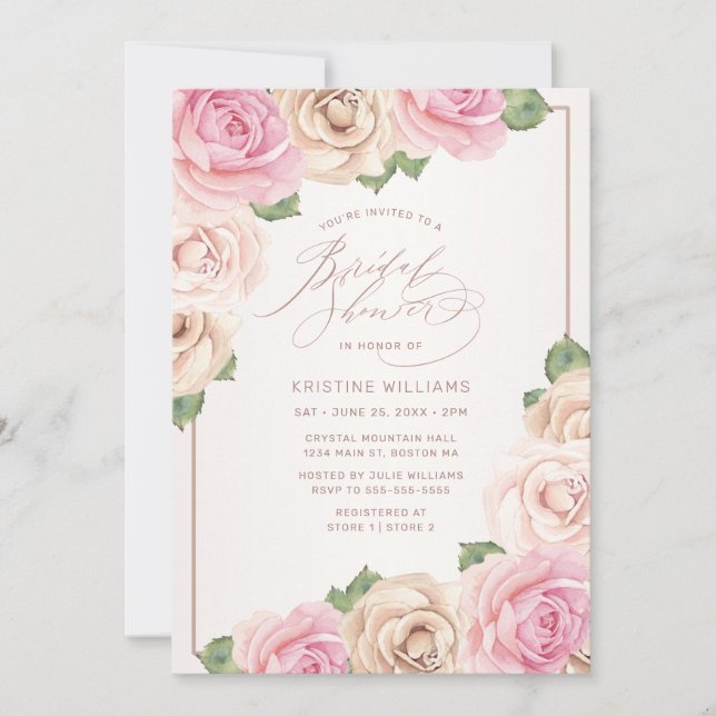 Invitación Moderna Rosa Gold Watercolor Floral Bridal Shower (Anverso)