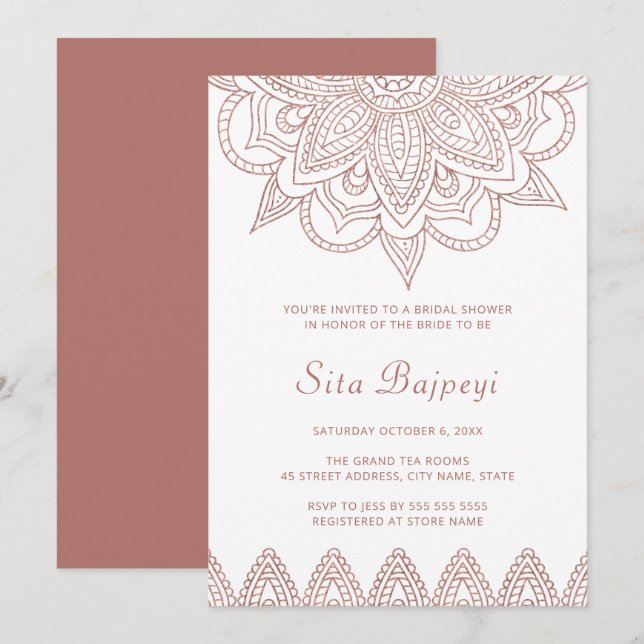 Invitación Moderna Rosa india Gold Mehndi Hindu Bridal Shower (Anverso / Reverso)