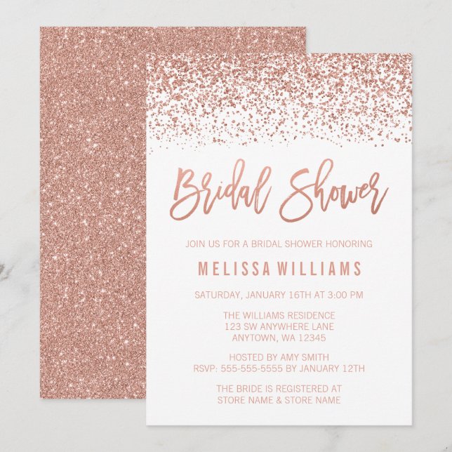 Invitación Moderna Rosa Purpurina Faux Bridal Shower (Anverso / Reverso)