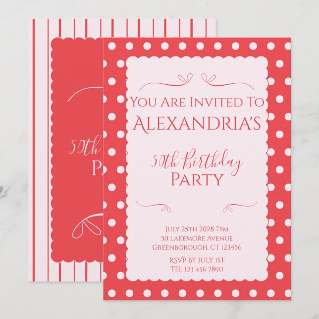 Invitación moderna rosa roja para fiesta de cumple (Anverso / Reverso)