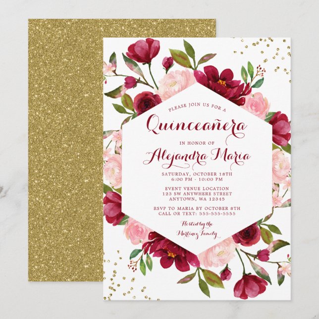 Invitación Moderna Rubor Burgundy Floral Quinceanera (Anverso / Reverso)