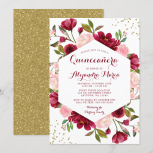 Invitación Moderna Rubor Burgundy Floral Quinceanera