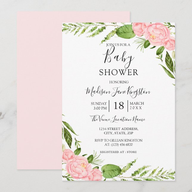 Invitación Moderna Rubor Floral Watercolor Baby Shower (Anverso / Reverso)