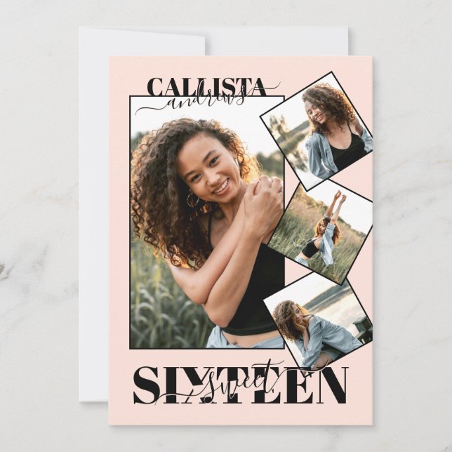 Invitación Moderna Rubor Girly Rosa Negro Cuatro Foto Dulce 1 (Anverso)