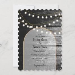 Invitación Moderna Rustic Black Wood Gold Lights Arch Boda