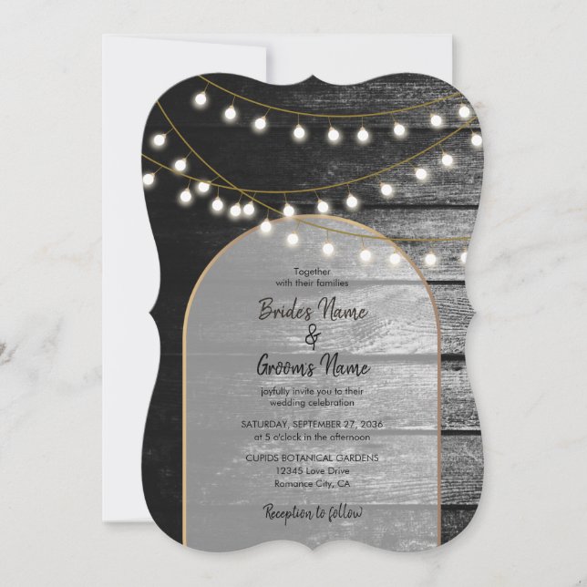 Invitación Moderna Rustic Black Wood Gold Lights Arch Boda (Anverso)