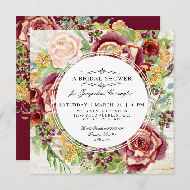 Invitación Moderna Rústica Floral Caída Red Wreath Bridal Duc (Anverso / Reverso)