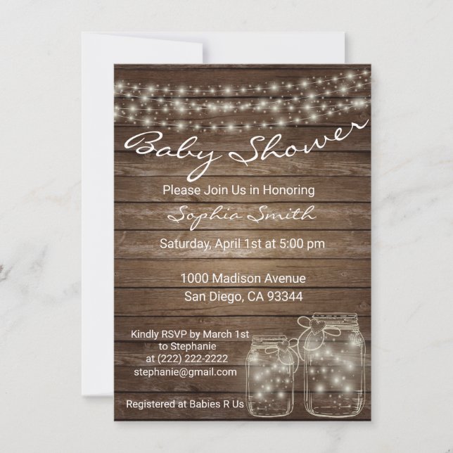 Invitación Moderna Rústica Mason Jar Baby Shower (Anverso)