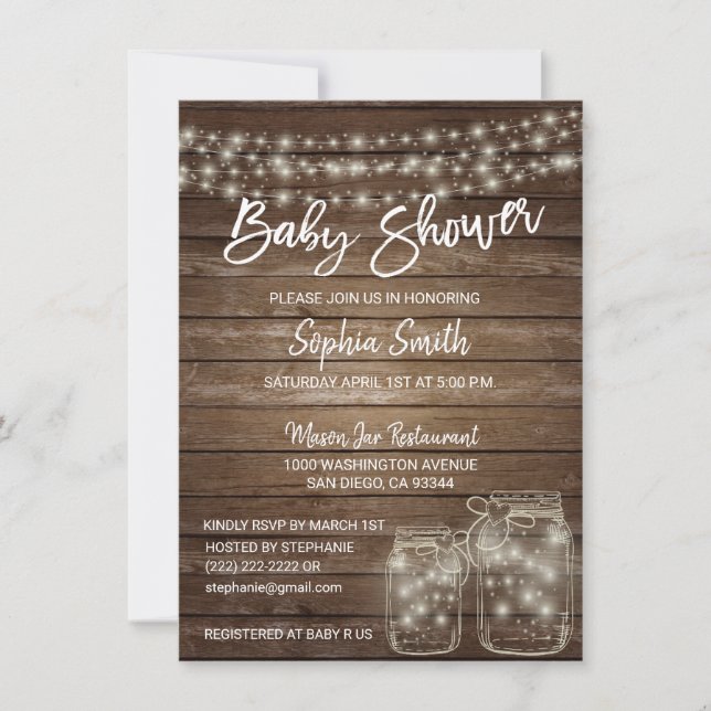 Invitación Moderna Rústica Mason Jar Baby Shower (Anverso)