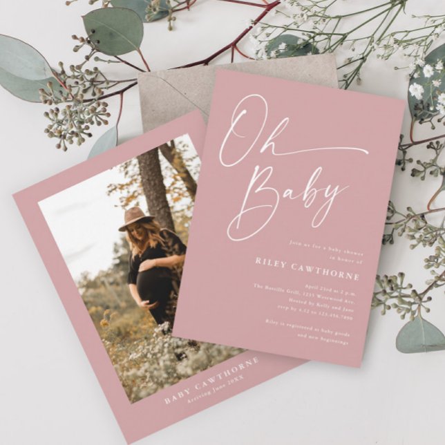 Invitación Moderna secuencia de comandos Dusty Pink Photo Bab (Subido por el creador)