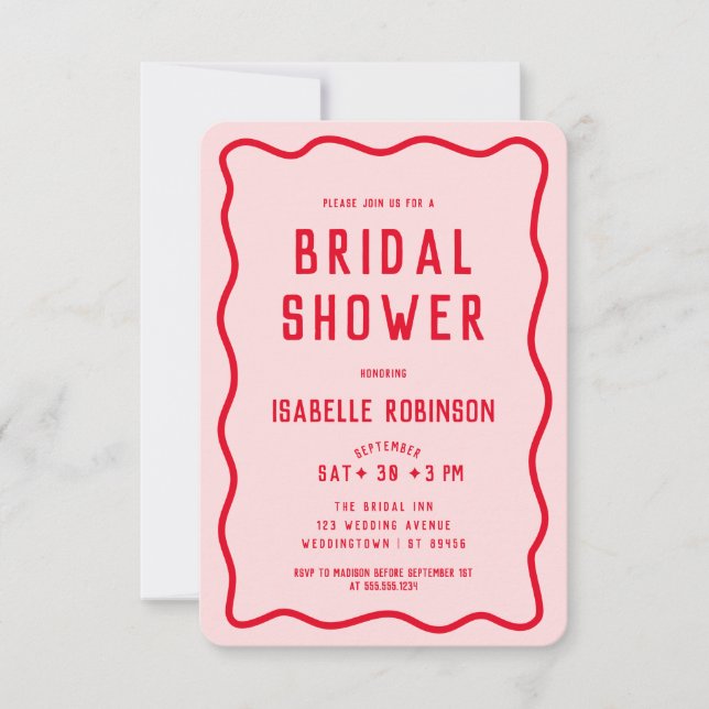 Invitación Moderna Sencilla Rojo Squiggle Wavy Bridal Shower (Anverso)
