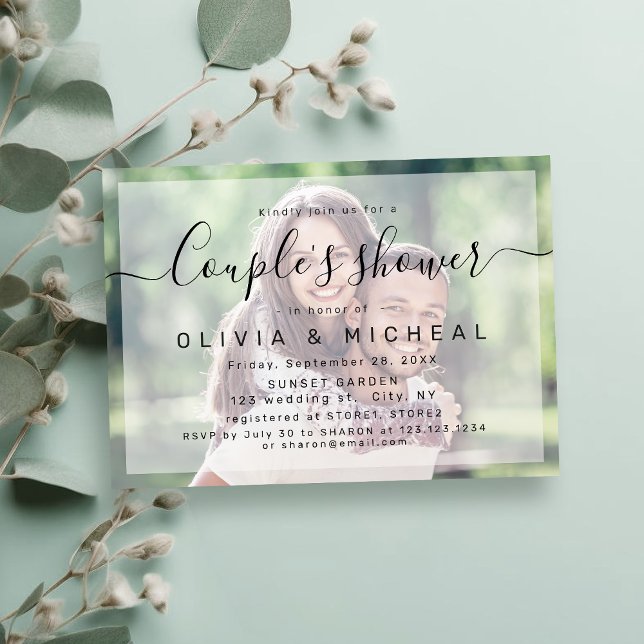 Invitación Moderna, simple y elegante secuencia de comandos,  (Modern simple elegant script photo couples shower invitation)