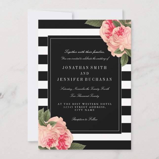Invitación Moderna suite Boda de rayas blancas y negras (Anverso)