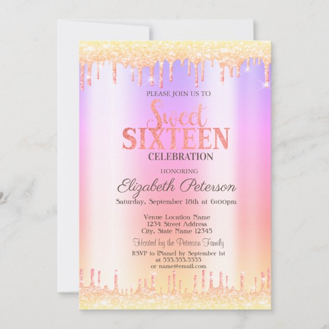 Invitación Moderna Sweet 16 con Brillo Ombre (Anverso)