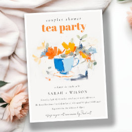 Invitación Moderna Tea Cup Parejas Floral Ducha Té Fiesta