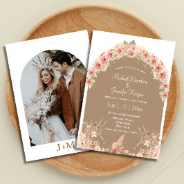 Invitación moderna terracota arco floral foto otoño boda