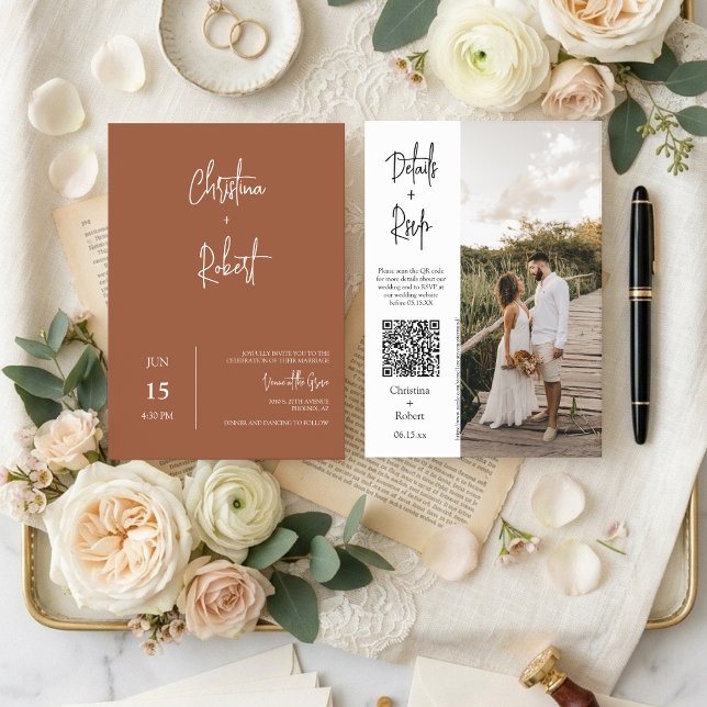 Invitación Moderna Terracota Boho Boda Foto Código QR RSVP (Subido por el creador)