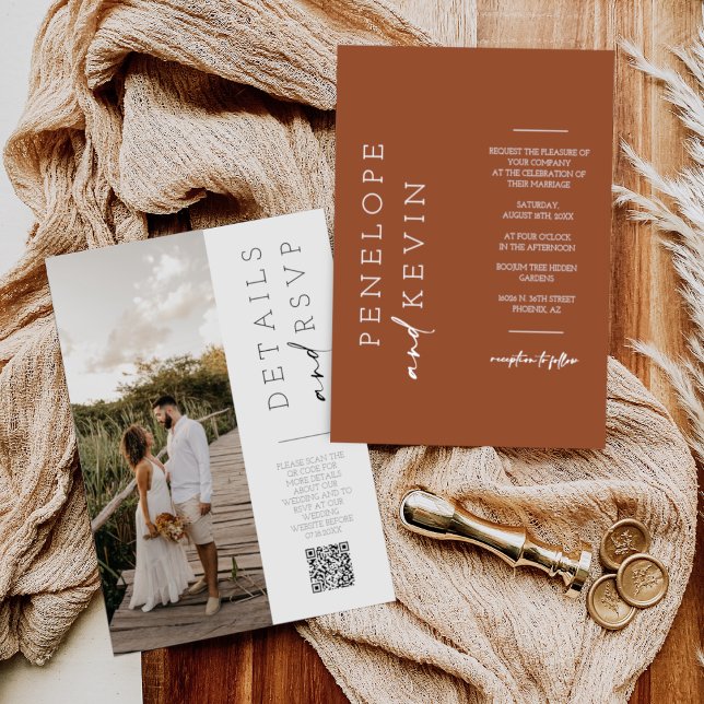 Invitación Moderna Terracota Boho Boda Foto Código QR RSVP (Subido por el creador)