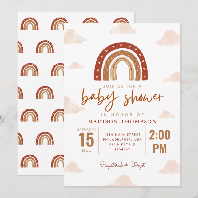 Invitación Moderna Terracota Boho Nubes arcoiris Baby Shower (Anverso / Reverso)