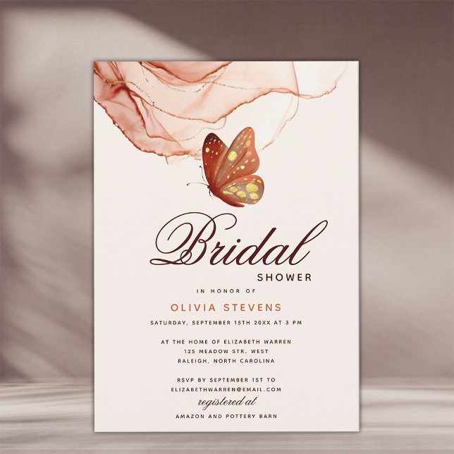 Invitación Moderna Terracota Dorada Mariposa Bridal Ducha (terracotta gold butterfly bridal veil shower invitation elegant calligraphy modern classic formal)