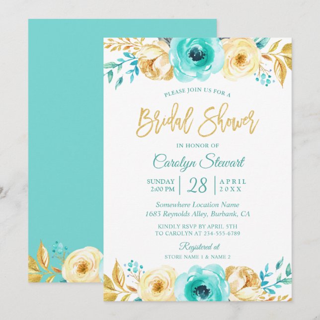 Invitación Moderna Tiffany Gold Botánica Floral Bridal Ducha (Anverso / Reverso)