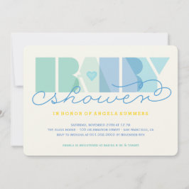 Invitación Moderna tipografía azul colorido niño Baby Shower