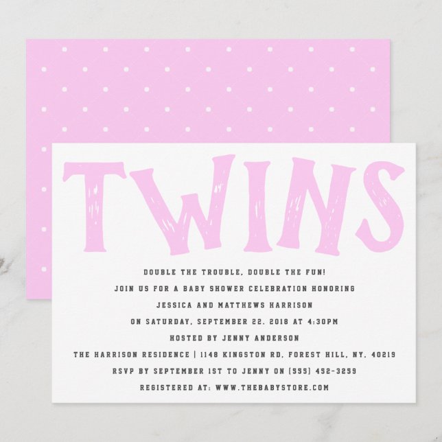 Invitación Moderna tipografía Chicas gemelos Baby Shower (Anverso / Reverso)