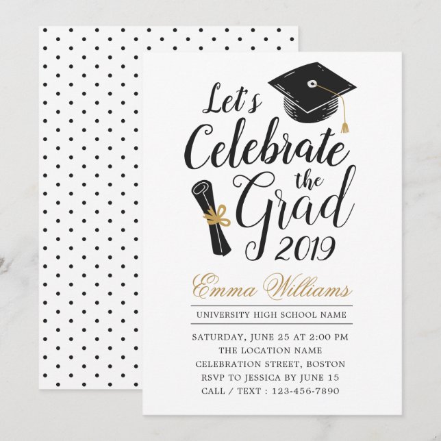 Invitación Moderna tipografía elegante graduación en blanco n (Anverso / Reverso)