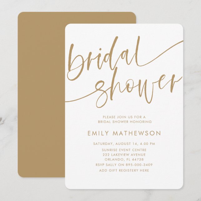 Invitación Moderna Tipografía Faux Gold Ducha Bridal (Anverso / Reverso)