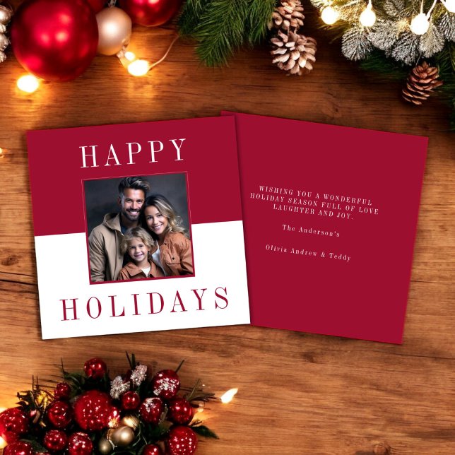 Invitación Moderna tipografía mínima foto vacaciones felices (modern red and white festive christmas card , fully editable and instant download available)