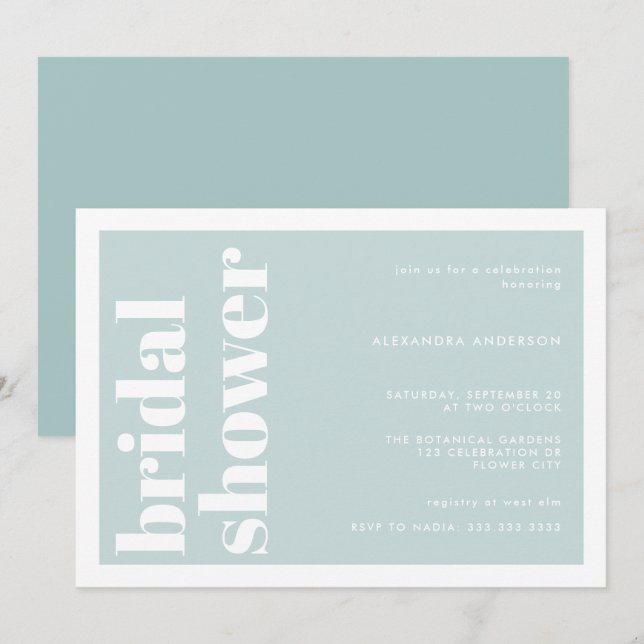Invitación Moderna tipografía Mint Turquoise Bridal Shower (Anverso / Reverso)