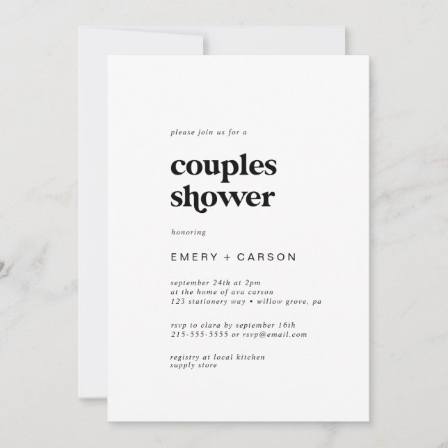 Invitación Moderna tipografía negra duchas de parejas (Anverso)
