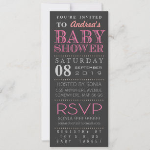 Invitación Moderna tipografía rosada Chica Baby Shower Long