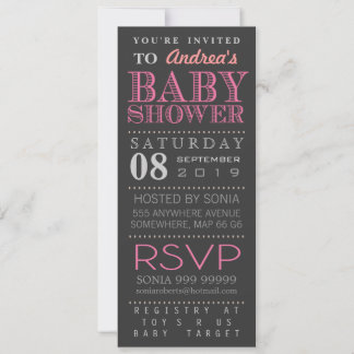 Invitación Moderna tipografía rosada Chica Baby Shower Long
