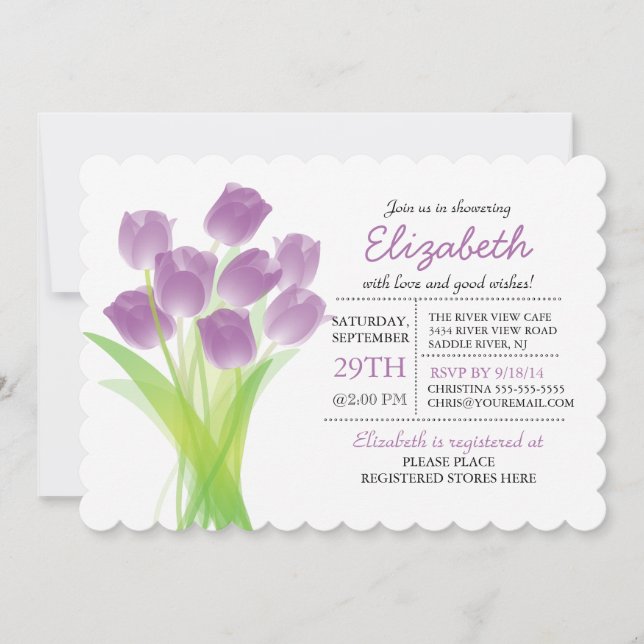 Invitación Moderna tipografía Tulipán púrpura ducha de novia (Anverso)