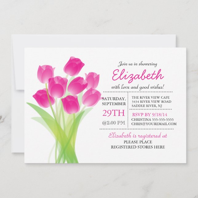 Invitación Moderna tipografía Tulipán rosa Baby Shower (Anverso)