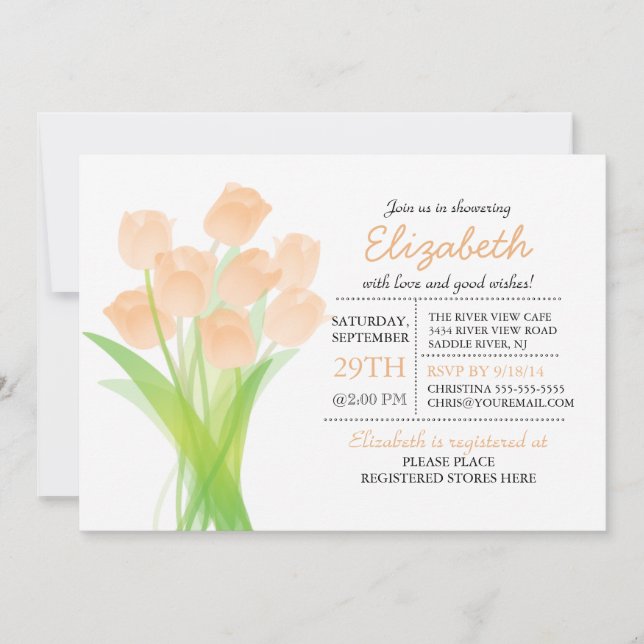 Invitación Moderna tipográfica Peach Tulip Baby Shower (Anverso)
