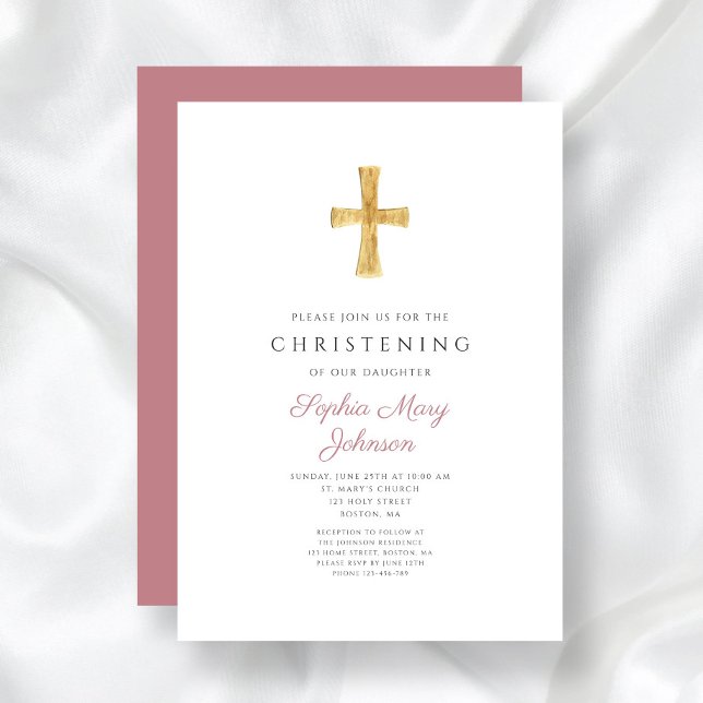 Invitación Moderna travesía religiosa de franjas rosadas Chri (Modern Religious Cross Pink Stripes Christening Invitation)