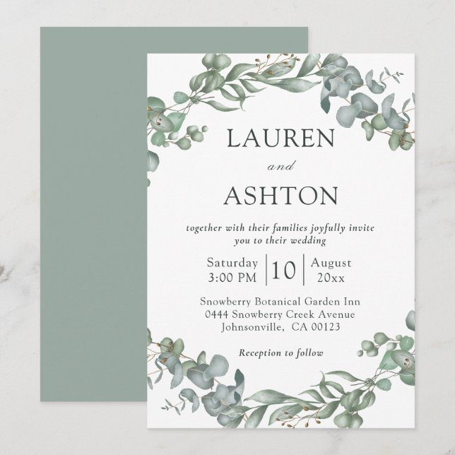 Invitación Moderna vegetación Boda simple blanco y sabio (Anverso / Reverso)