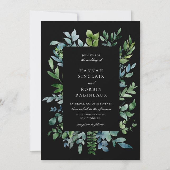 Invitación Moderna vegetación botánica Boda negro (Anverso)